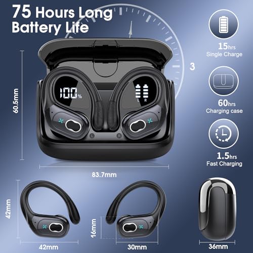Wireless Earbuds 75hrs Bluetooth 5.4 Headphone Sport, 2026 Bluetooth Earbuds Stereo Deep Bass Over Ear Bud with Earhooks, ...