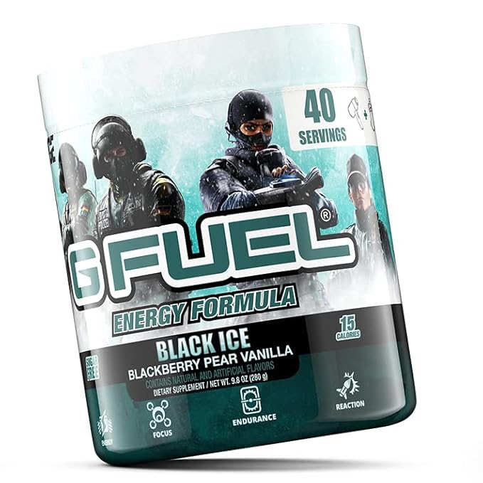 G Fuel Rainbow Six Energy Drink Powder, Pre Workout Caffeine Mix for Gaming, Sugar Free Focus Amino, Vitamin + Antioxidants, 9.8oz (Blackberry Pear Vanilla, 40 Servings)