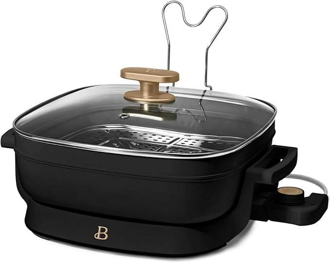 Beautiful 5-in-1 Electric Skillet 7QT, Cast Aluminum Extender, Nonstick, 1500W, Dishwasher-Safe Lid, Slow Cook, Steam. (Black Sesame)