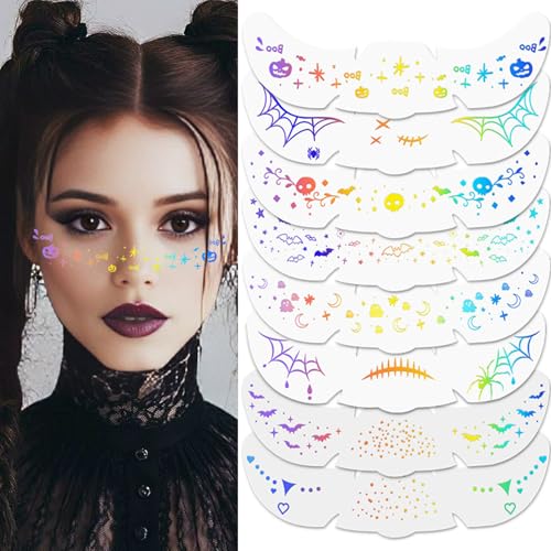 8 Pcs Halloween Face Glitter Freckles,Temporary Freckles Face Tattoos Stickers,Waterproof Holographic Sparkle Fake Freckle...