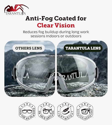 Tarantula ANSI Z87.1+ Safety Goggles Over Glasses, Anti-Fog & Anti-Scratch, Adjustable Strap, Lab Eye Protection, Woodworking
