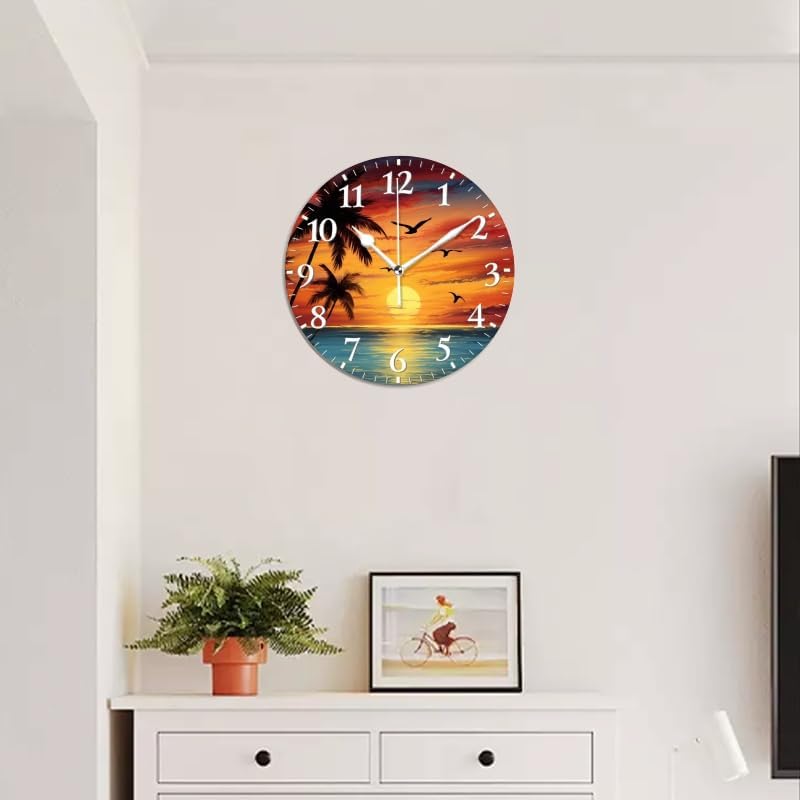 Sunset Wall Clock Non-Ticking Silent Clocks Battery Operated Analog Decor Clock for Home-Beautiful Sunset Over The Ocean with Palm Trees and Birds Flying in The Sky(10inch)