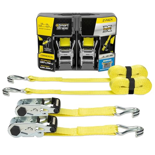 SmartStraps 14’ Ratchet Straps, 2 Pack –5,000lbs Break Strength, 1,667lbs Safe Work Load –Commercial Tie Down Straps for H...