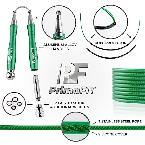 PrimaFIT Jump Rope Pro Speed Skipping Rope Adjustable Adult Jumping Rope Weighted Aluminium Handles for Double Dutch Boxin...