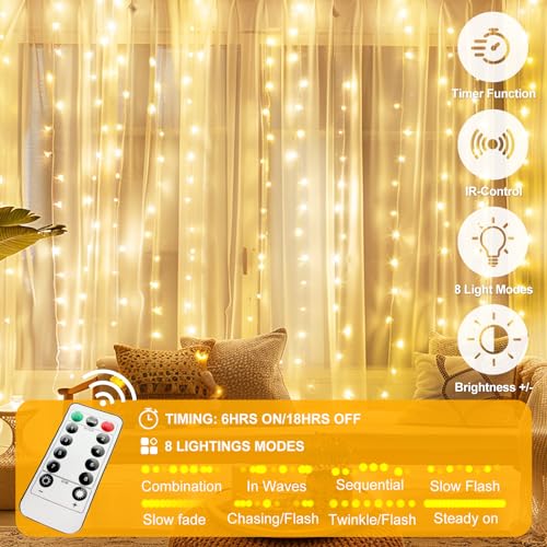 HOLITS Fairy Curtain Lights Upgraded Tangle-Free Warm White USB Plug in 8 Modes String Hanging Lights with Remote for Chri...