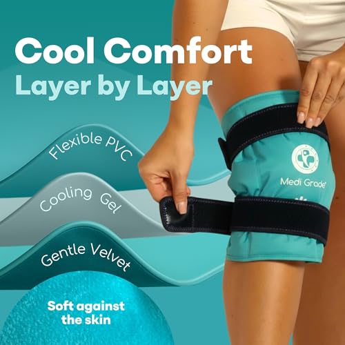 Medi Grade Knee Ice Pack Wrap - Reusable Ice Pack for Knee Injuries and Surgery Recovery - Dual-Fabric Knee Ice Pack with ...