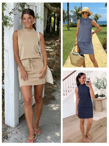 ATHMILE Two Piece Skirt Sets for Women Summer Beach Vacation Outfits Mock Neck Tops Tennis Skirt Lounge Matching Sets