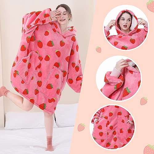 Aemicion Strawberry Blanket Hoodie,Oversized Sherpa Wearable Hooded Blanket,Warm Cozy Sweatshirt Gifts for Women Girls Adult