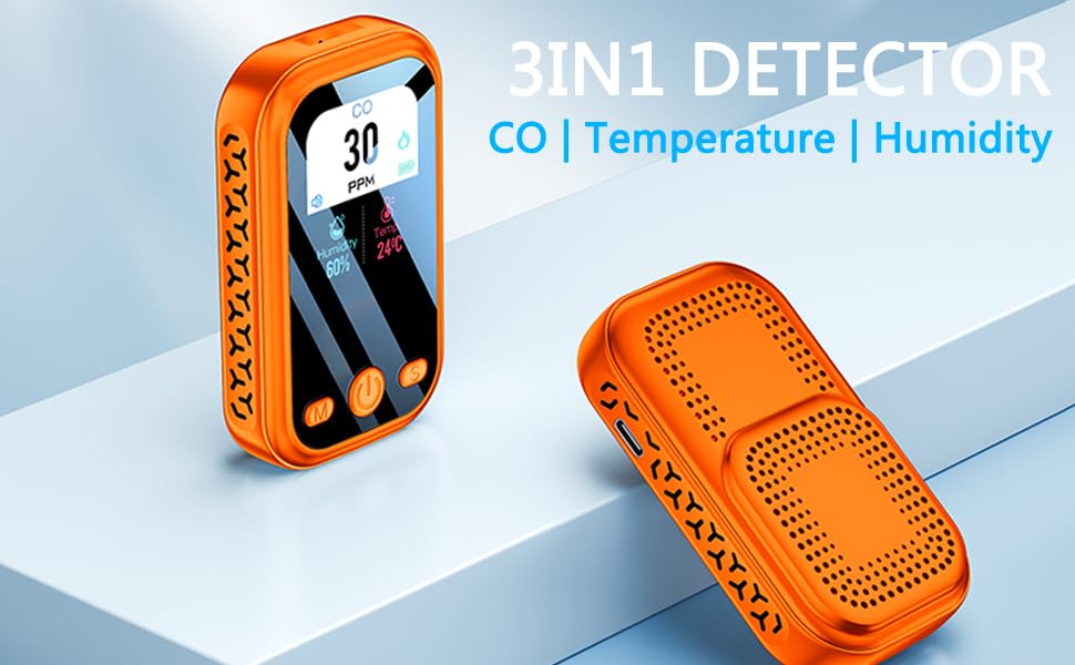 HAKINAKU Travel Carbon Monoxide Detectors 3-in-1 Mini Size Portable CO Detector with Kickstand & Lanyard Built-in 120h Battery [CO Temp Humidity Sensor] for Travel Camping RV Hotel Safety (Orange)