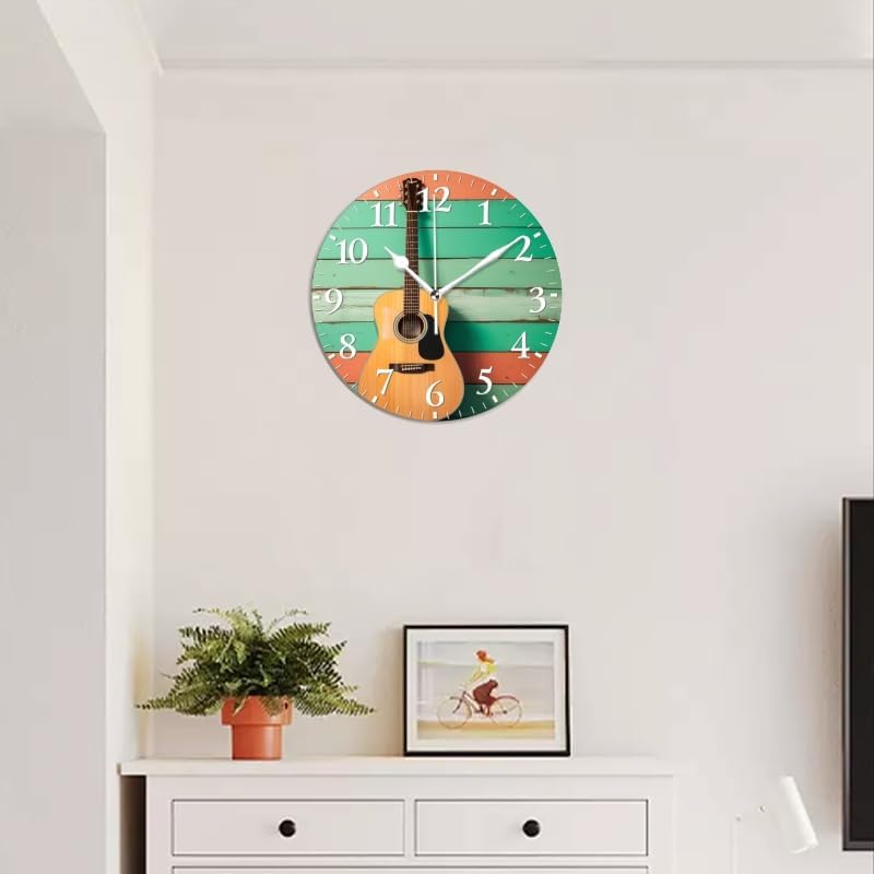 Guitar Wall Clock Non-Ticking Silent Clocks Battery Operated Analog Decor Clock for Home-Acoustic Guitar Leaning Against Wooden Wall(16inch)