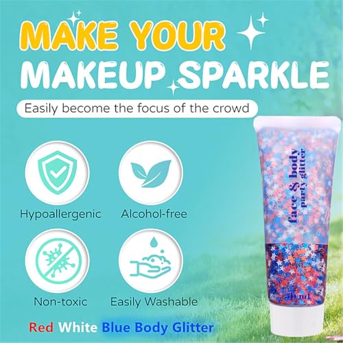 Go Ho 4th of July Outfits for Women&Kids Glitters Makeup,Red White and Blue Face Body Glitter,Fourth of July Accessories,H...