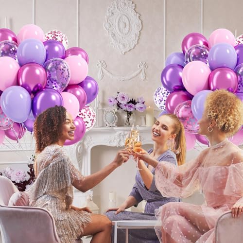 61pcs Pink and Purple Balloons, 12 Inch Purple Pink Confetti Balloons, Metallic Balloon with Ribbon for Bridal Baby Shower...