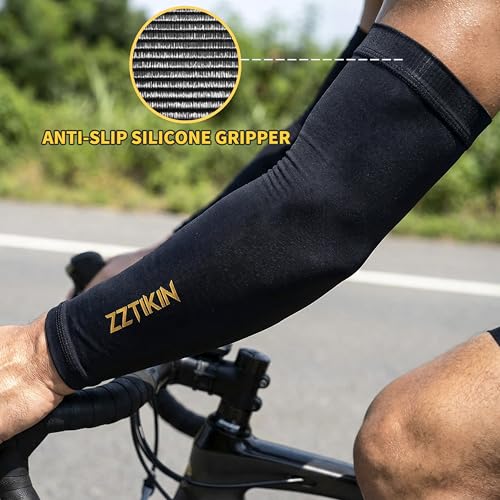 ZZTIKIN Compression Arm Sleeves(2 Pieces), Black, Anti-Slip Silicone Gripper, Sports Performance