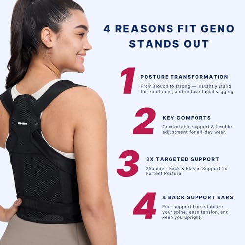Fit Geno Back Brace Posture Corrector for Women and Men, Shoulder Straightener, Adjustable Full Back Support, Upper and Lo...