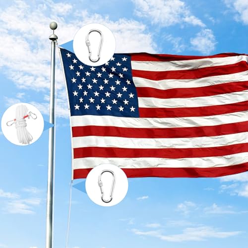 Jmlwlzx Heavy Duty Flag Pole Rope Replacement 20m (65ft) with Steel Core & Rust-Proof Swivel Snap Hook - Universal Halyard...