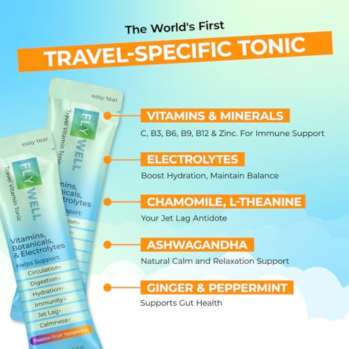 FlyWell Travel Vitamin Tonic for Flight, Jet Lag, Hydration, Circulation, Digestion & Immune Support, Promotes Calmness, E...
