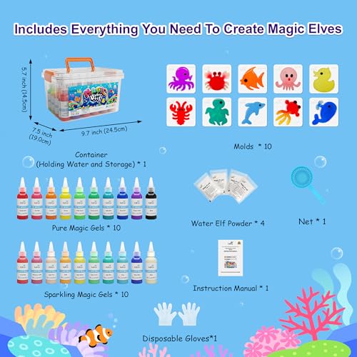 Kiditos Magic Water Elf Toy Kit–Squishies for Kids, 20 Gels & 10 Molds, Magic Gel Water Pets Sensory Toy, Fun DIY Craft Ki...