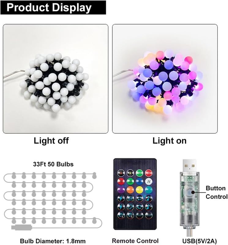 Hoofun 33Ft Smart Fairy Lights - Usb Powered Color Changing Globe String Lights, Bluetooth & Remote Control, Multicolor, Indoor/Outdoor