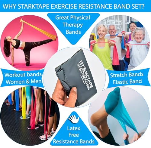 Starktape Resistance Bands Set. 3 or 5 Pack Non-Latex Physical Therapy, Professional Elastic Band. Perfect for Home Exerci...