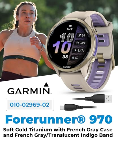 Wearable4U Garmin Forerunner 970 Soft Gold Titanium Smartwatch with French Gray Case and French Gray/Translucent Indigo Ba...
