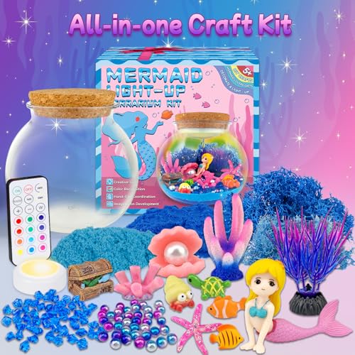7july Mermaid Terrarium Craft Kit for Kids - LED Night Light Up & Remote Mermaid Birthday Gifts Toys for Girls Age 5 6 7 8...