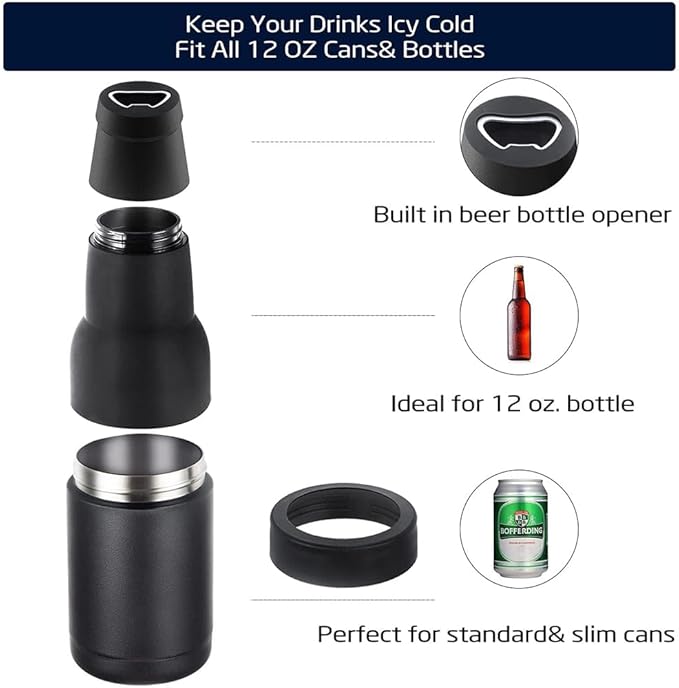 3 in 1 Beer Bottle and Can Cooler, Vacuum Insulated Double Walled Stainless Steel Cooler with Beer Opener, 12 oz Slim Can Insulator Holder (Dark blue)