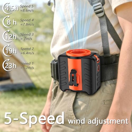 VOPOG Portable Waist Fan Clip on 5-Speed with MAX 10500RPM Strong Airflow and LED Flashlight, Wearable Belt Personal Fan R...