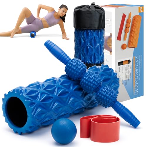 5 in1 Foam Roller Set, Trigger Point Foam Roller, Massage Roller Stick, Massage Ball, Resistance Band for Deep Muscle Mass...