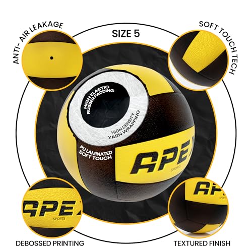 Apex Sports Professional Volleyball - Official Size and Weight, Premium Quality, High-Visibility Black and Yellow, Ideal f...