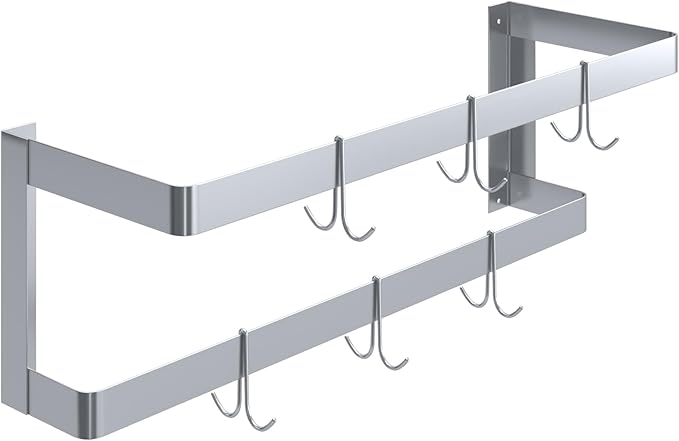 AmGood 36 in. Wall-Mounted Stainless Steel Double-Line Pot Rack. Includes 6 double pring hooks