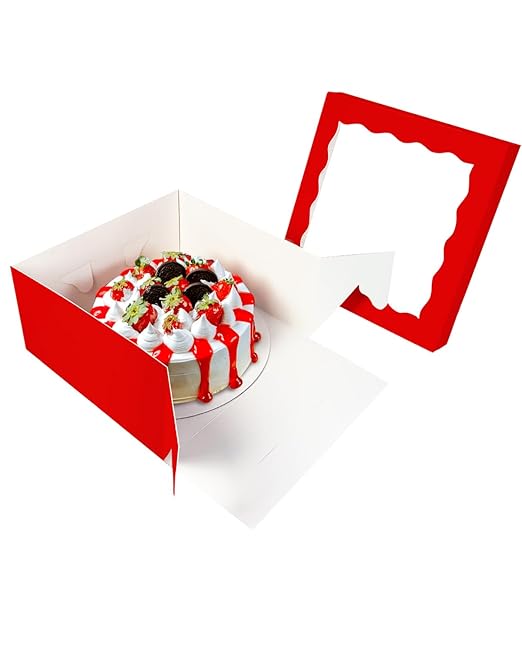 qiqee 12x12x6 Cake Box, 18 Sets Red Cake Box with Window ＆ 18 Sets 12" Red Cake Round Boards, 12inch Cake Containers