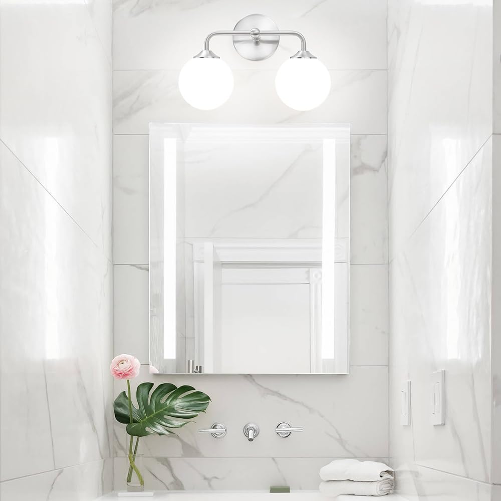 Modern Brushed Nickel 2-Lights Bathroom Vanity Lights, Bathroom Lighting Fixtures Over Mirror with Milk White Globe Glass Shade, Elagant Wall Sconces for Dressing Table Bedroom Living Room