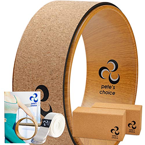 Deluxe Cork Yoga Wheel Set - Cork Wheel + 2 Blocks + Strap + Exercise Guide. Extra Firm Bricks. Better Support, Natural an...