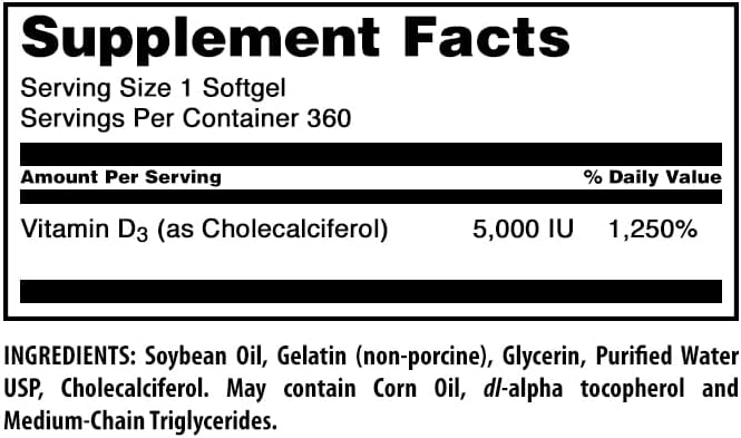 Amazing Formulas Vitamin D3 (Cholecalciferol) Supplement | 5000 IU per Serving | 360 Softgels | Non-GMO | Gluten-Free | Made in USA