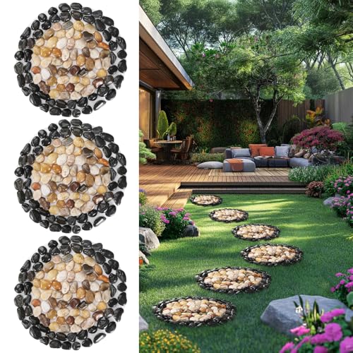 Garden Path Stepping Stone- 12 Inch Round Therapeutic Massage Stones, 3pcs Outdoor Decorative Stone Mats for Yard Pathway,...