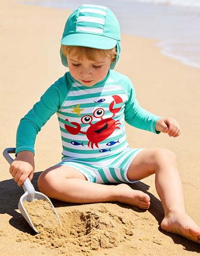 ADUKIDE Baby Boys Swimsuit Summer Beach Rash Guard Swimwear One Piece Sunsuit with Sun Hat 3-24 Months