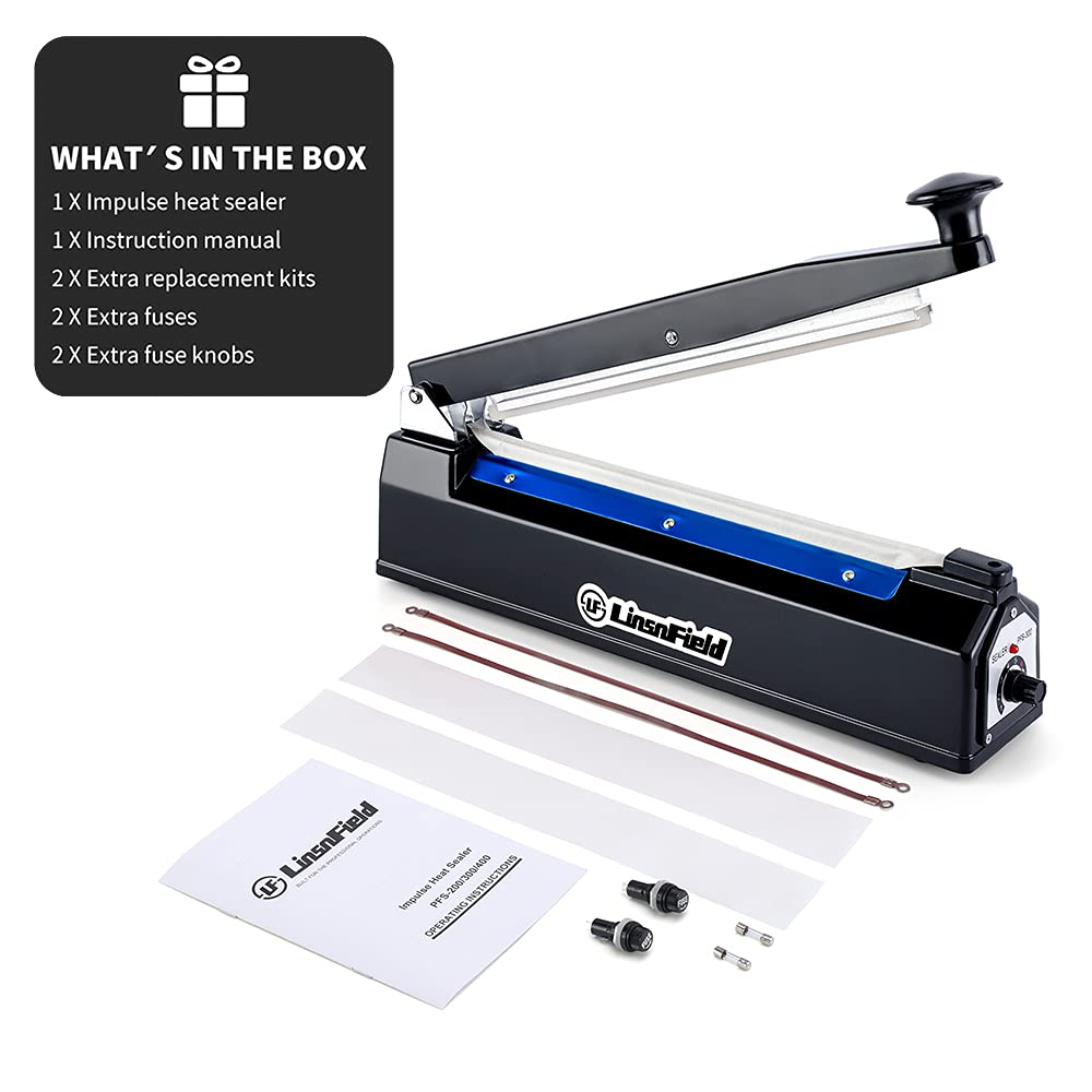 LinsnField Sealer Pro, Patented 12inch Impulse Heat Bag Sealer, 7mm Sealing Width Poly Bag Seal Machine, 2 Replacement Kits 1 Extra Fuse Included, Black