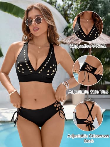 Blooming Jelly Women's Bikini Set Two Piece Swimsuit Modest Bathing Suit Petal Hollow V Neck Top String Mid Rise Bottom