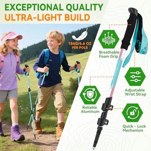 Clostnature Kids Trekking Poles for Hiking – Collapsible Lightweight Hiking Poles, 2 Pack Aluminum Walking Sticks for Chil...