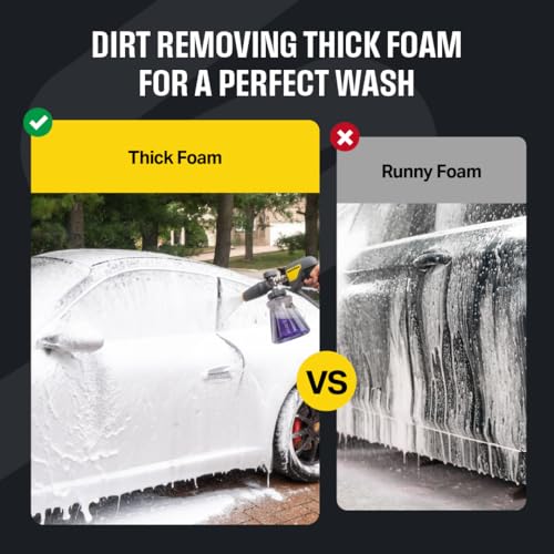 Active Foam Cannon with ¼ inch quick connector for Electric and Gas Pressure Washers. Wide-mouth bottle and variable spray...