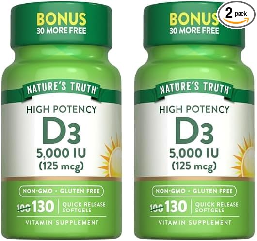Nature's Truth Vitamin D3 5000 IU Softgels | 130 Count | High Potency | Non-GMO & Gluten Free Supplement (Pack of 2)