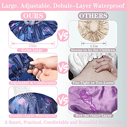 3 Pack Extra Large Double Layer Adjustable Shower Caps for Women, Waterproof Exterior & EVA Lining, Oversized Design for A...