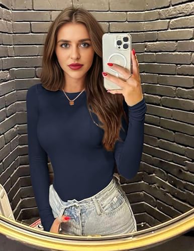 Ekouaer Womens 3 Pack Long Sleeve Shirts Crew Neck Stretch Fitted Underscrubs Trendy Basic Tops Lightweight Thermal Tee