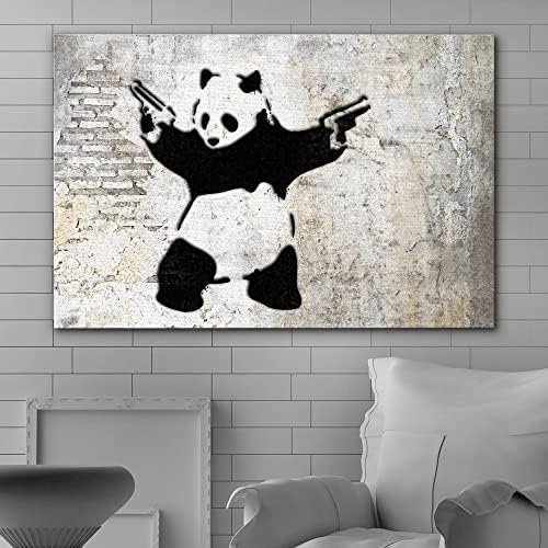 wall26 Canvas Print Wall Art Banksy Panda with Handguns on Wall Cities Animals Digital Art Modern Art Chic Scenic Expressive Dark Black and White for Living Room, Bedroom, Office - 24"x36"