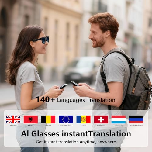 AI Smart Glasses with ChatGPT, 8MP Camera Glasses with Camera and Audio, AI Translation Sunglasses with 164 Languages, Blu...