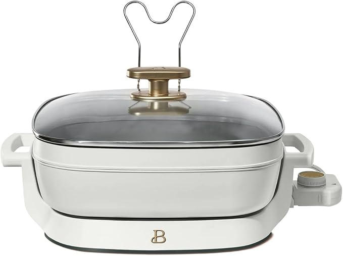 Beautiful 5-in-1 Electric Skillet 7QT, Cast Aluminum Extender, Nonstick, 1500W, Dishwasher-Safe Lid, Slow Cook, Steam (White Icing)