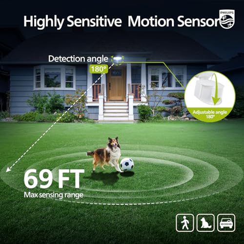 Philips 72W 7400LM LED Security Lights w/PIR Motion Sensor Outdoor, 5000K Daylight Dusk to Dawn Aluminum Flood Light, 3 Ad...