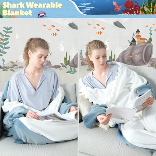 Touchat Shark Blanket for Adult Super Soft Cozy Flannel Throw Wearable Blanket, Cartoon Animals Blanket Hoodie, Sleeping B...