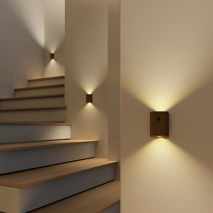LANDGOO Smart Night Light Step Lights 2 Pack - Rechargeable Motion Sensor Stair Lights, 2700K Warm White LED, Walnut Wood for Hallway & Bedroom Safety
