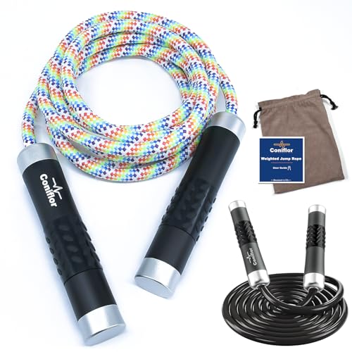 Coniflor Weighted Jump Rope, 1LB Tangle-Free Ball Bearing Rapid Speed Skipping Rope for Men Women, Adjustable 9mm Cotton &...